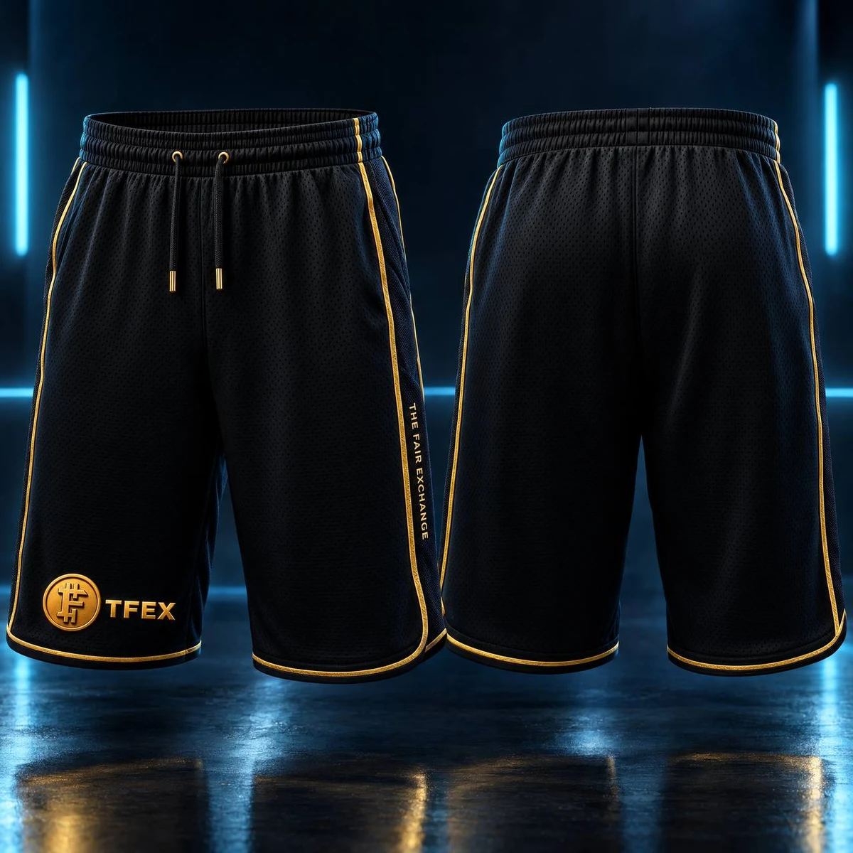 Court Shorts in black and gold, TFEX design concept