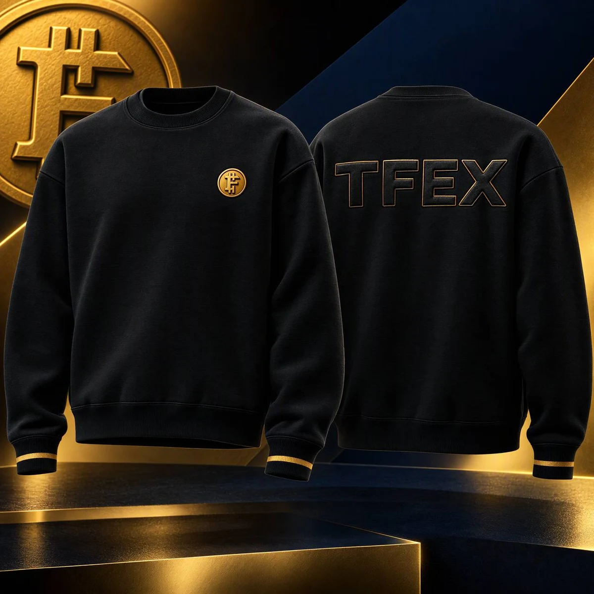 Exchange Crewneck in black and gold, TFEX design concept