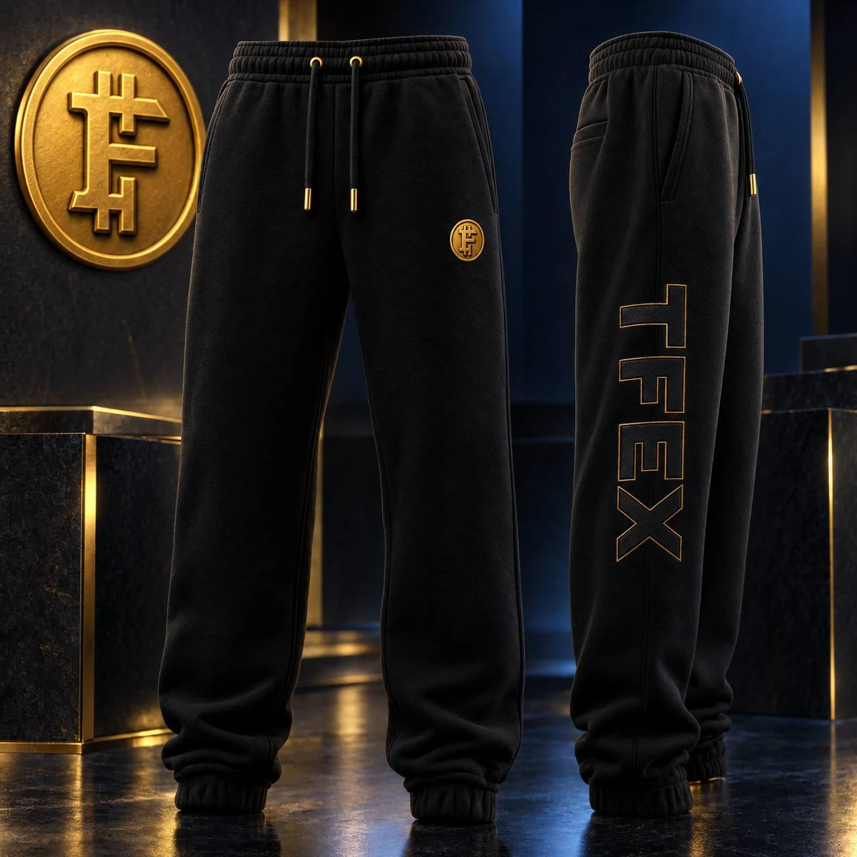 Exchange Joggers in black and gold, TFEX design concept