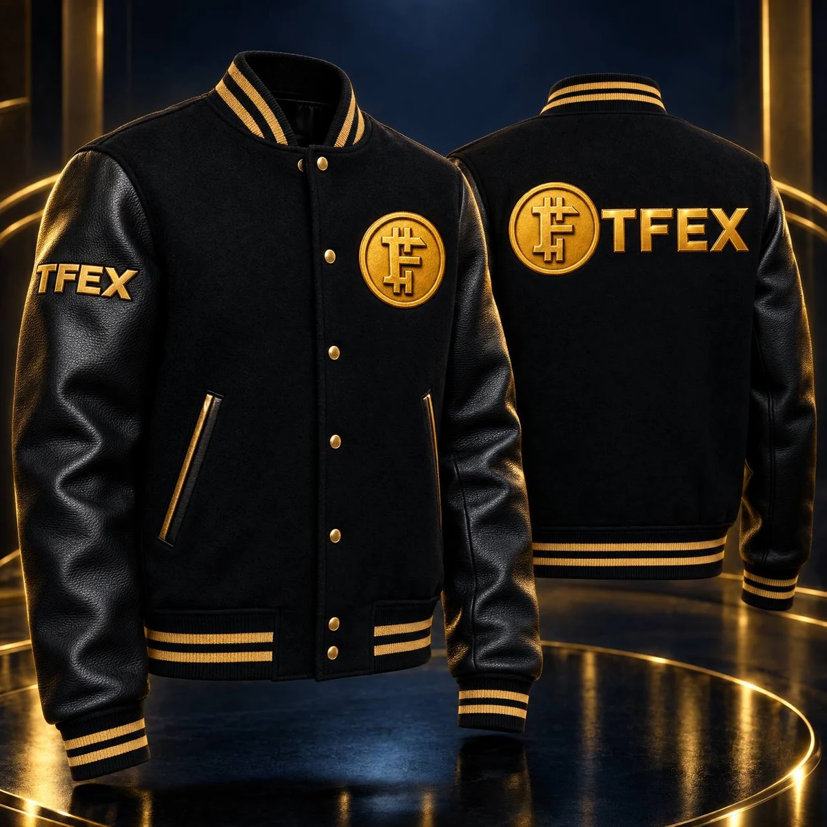 TFEX black and gold varsity jacket concept, front and back